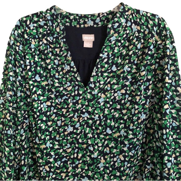 Chicos Abstract Dot Print Blouse Size 3 Womens XL Navy Kelly Semi Sheer Tunic - Picture 6 of 16